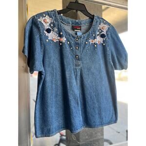 Vintage 1980's Sunbelt denim floral embroidered top size M